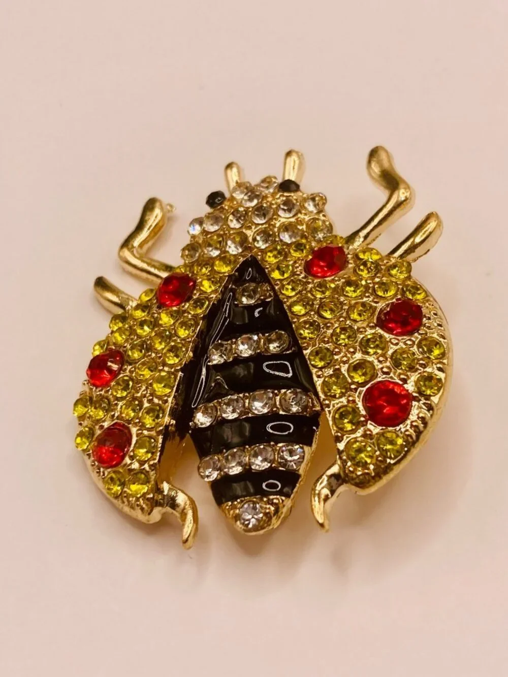 Rhinestone Ladybug Brooch Pin Red & Yellow Crystals -95B